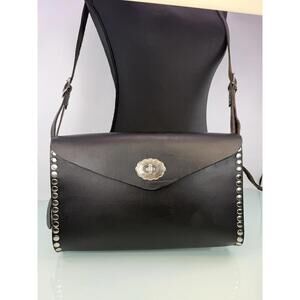 Handmade Black Leather Studded Crossbody Bag Western Concho Envelope Purse Moto
